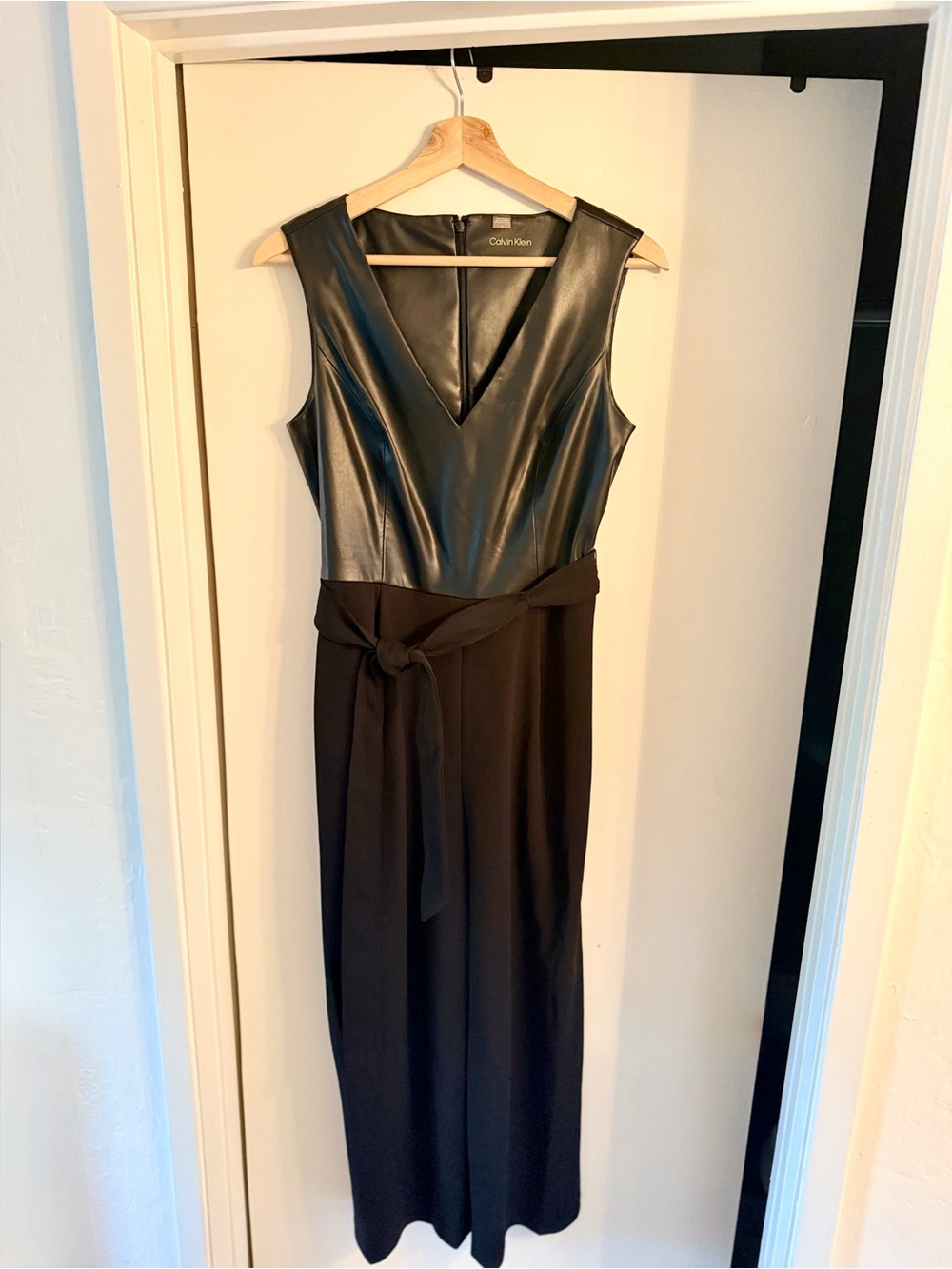 Calvin Klein Black Faux-Leather Bodice Midi Dress